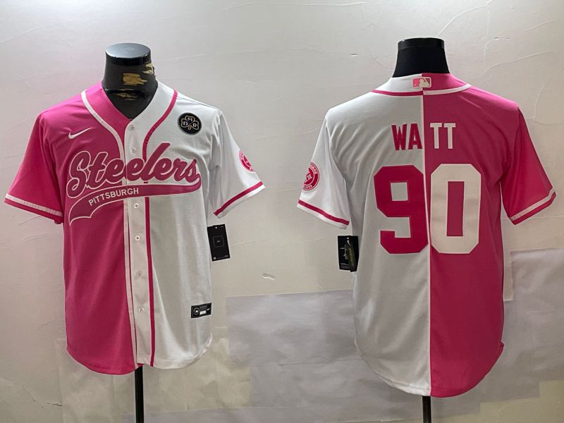 Men Pittsburgh Steelers #90 Watt white pink Joint Name 2024 Nike Limited NFL Jersey style 4